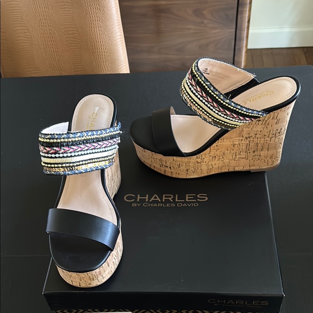 Charles By Charles David Black Wedge Sandals with Cork Platform